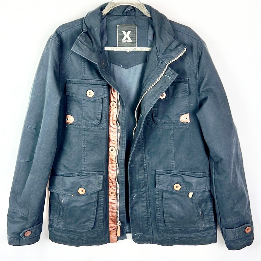 XRAY JEANS | 🧥Dark Navy Blue Brown Faux Leather Trim Multi-Pocket Jacket Coat
